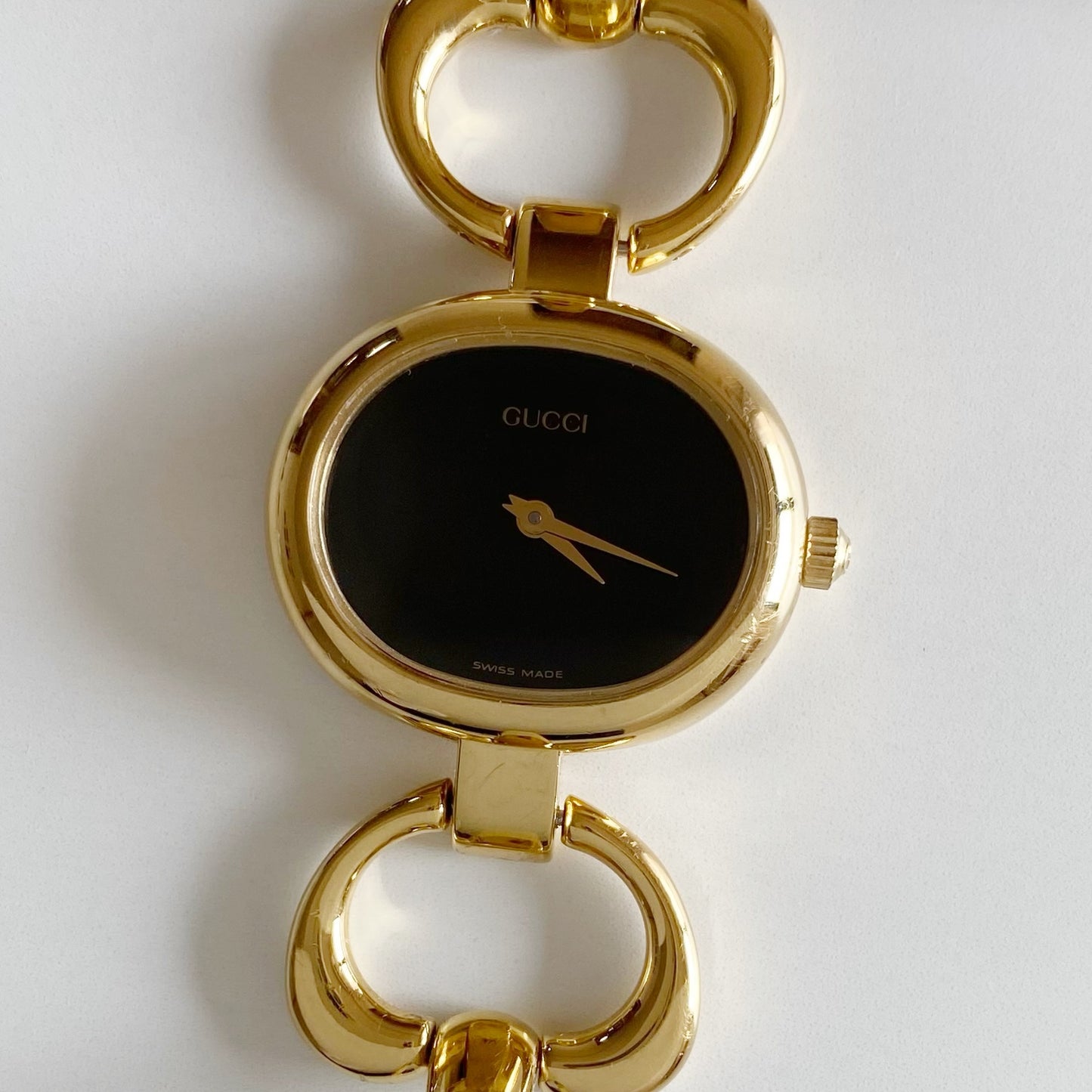 Gucci 1990s Black Dial Gold Plated Bangle Watch