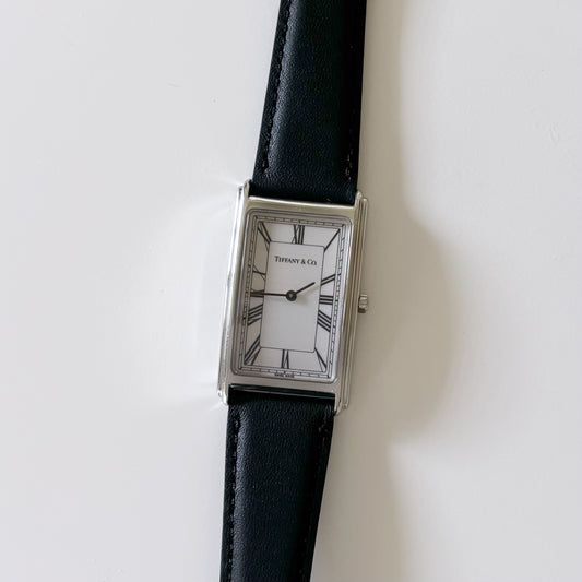 Tiffany & Co 1990s Tank Silver Leather Watch