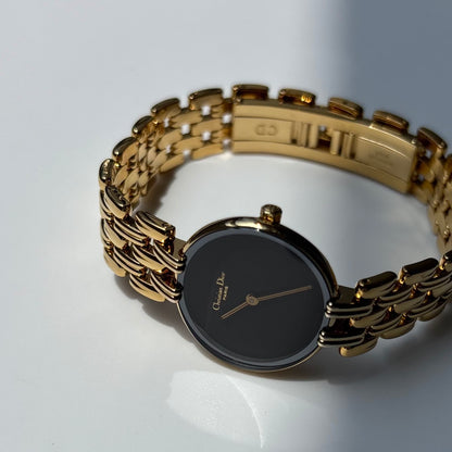 Dior 1990s Bagheera Black Dial Gold Plated Round Watch