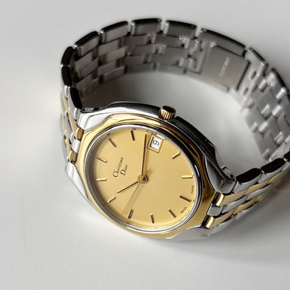 Dior 1990s Date Round Dial Gold Plated Two Tone Watch (Large)