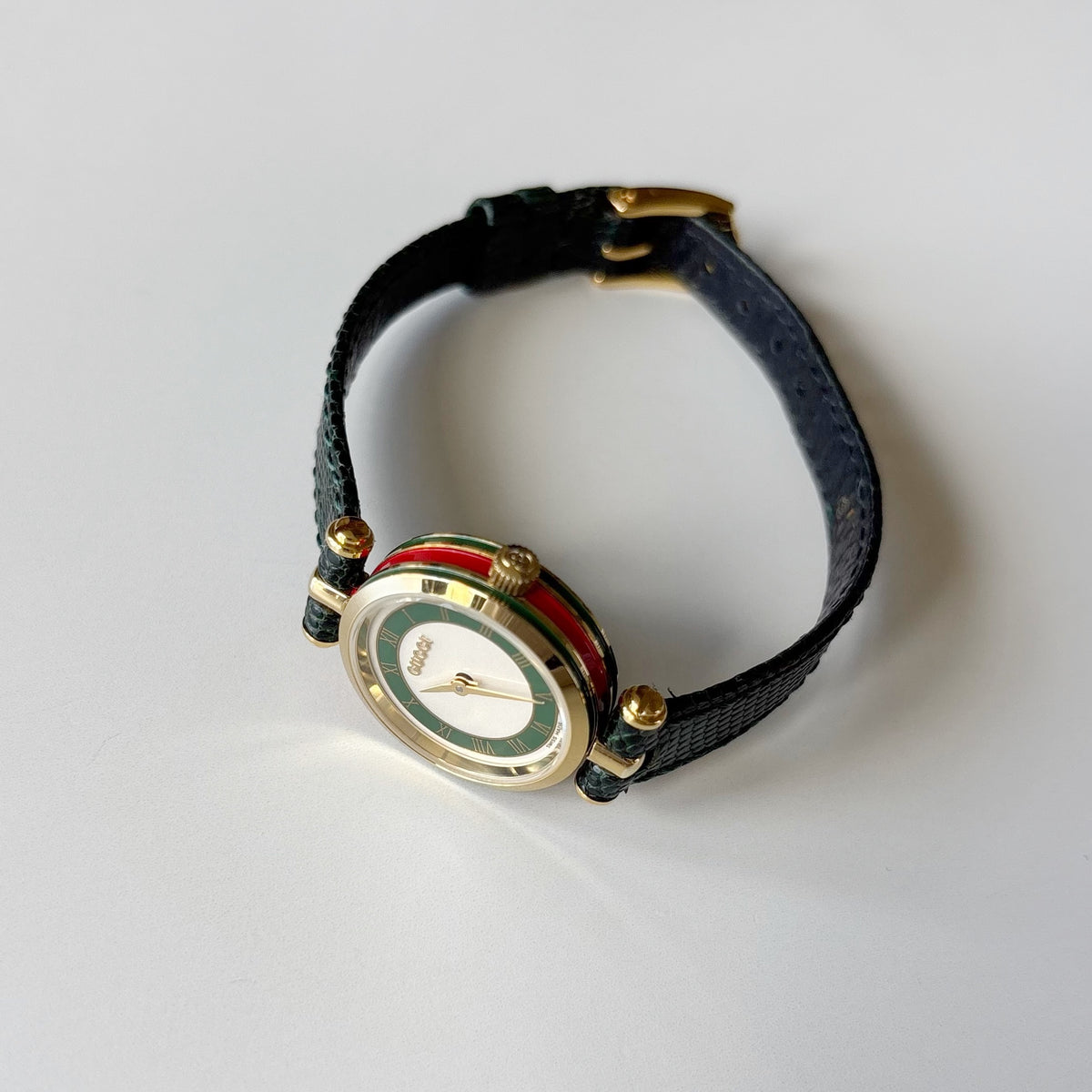 Gucci 1990s Round Dial Cherry Green Gold-Plated Watch