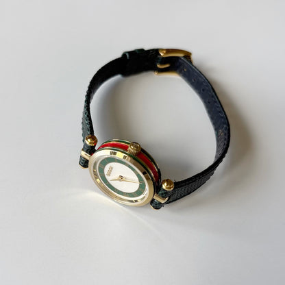 Gucci 1990s Round Dial Cherry Green Gold-Plated Watch