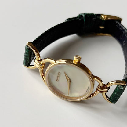 Gucci 1990s Seashell Dial Gold Plated Horsebit Watch