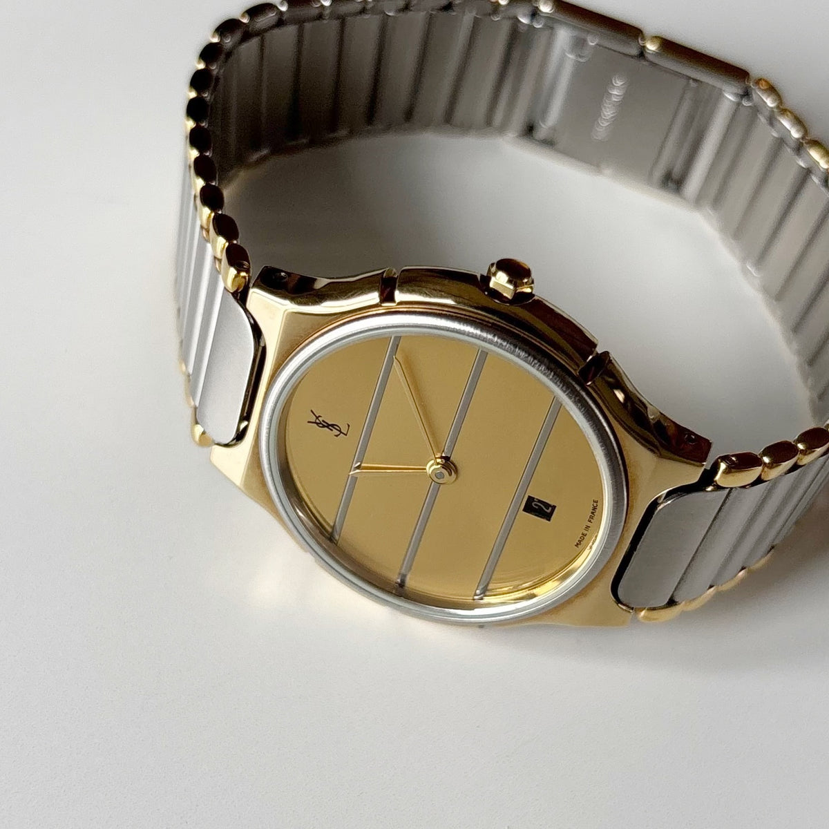 Yves Saint Laurent 1990s Round Dial Two Tone Gold Plated Watch (Large)