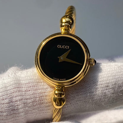 Gucci 1990s Black Dial Gold Plated Cable Bangle Watch