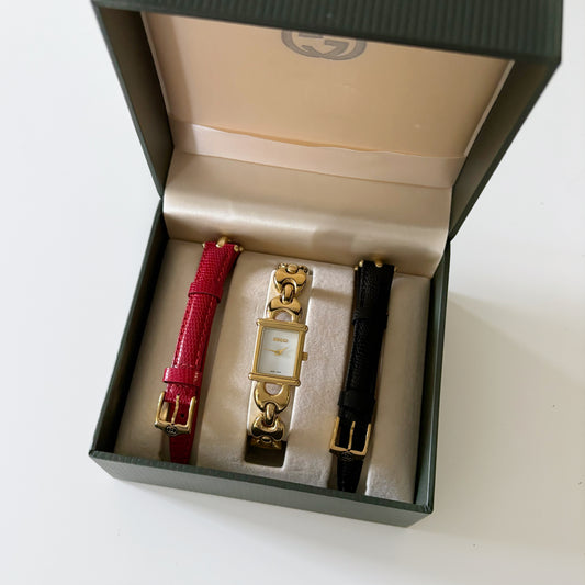 Gucci 1990s Interchangeable Belt Gold Plated Watch with 3 belts, Case