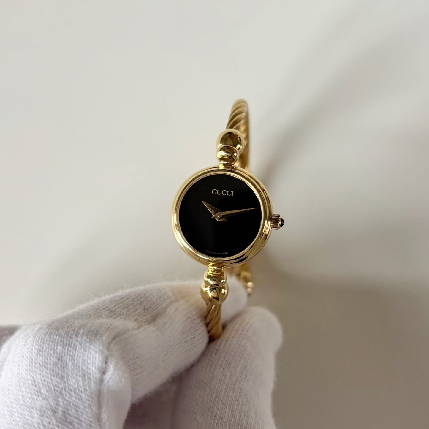 Gucci 1990s Black Dial Gold Plated Cable Bangle Watch