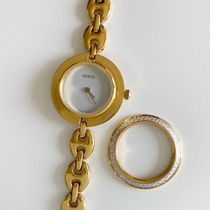 Gucci 1990s Interchangeable Bezel Gold Plated Watch with 6 bezels, case (167mm)