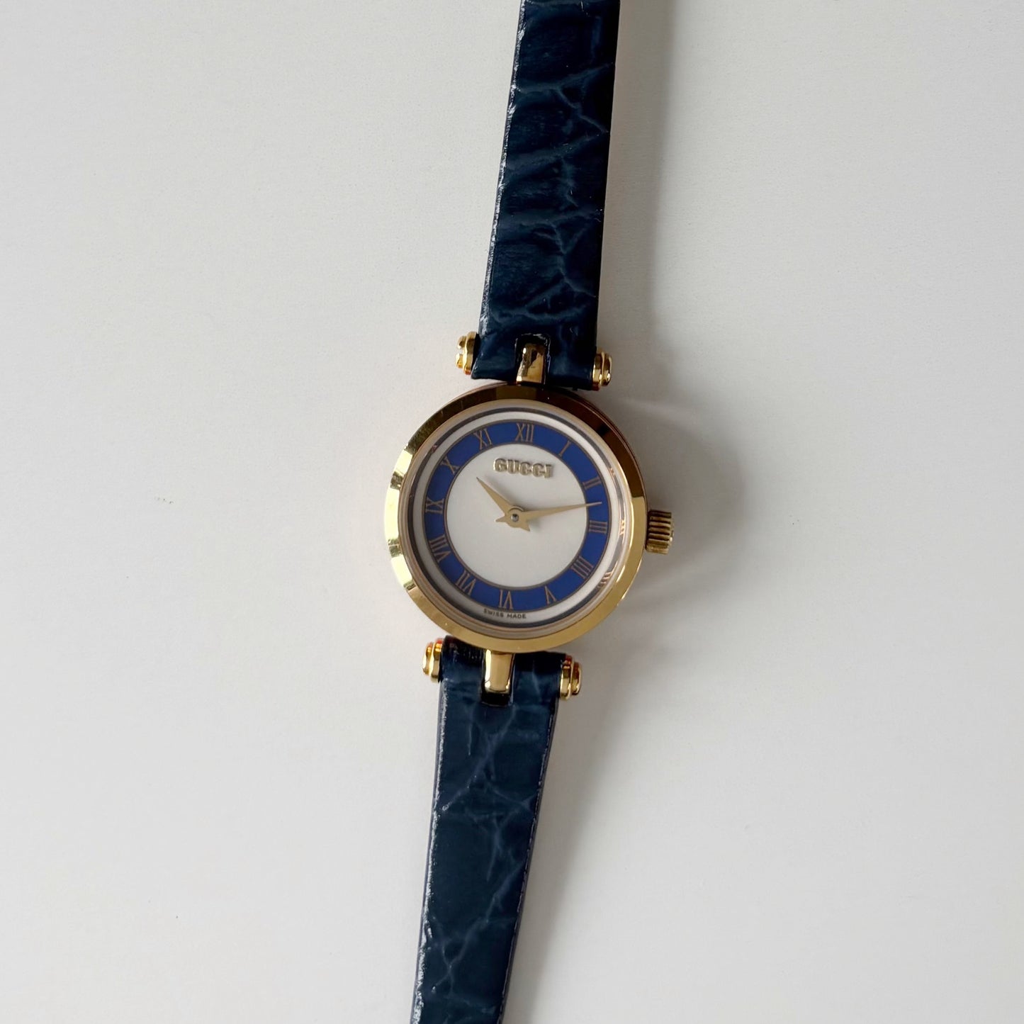 Gucci 1990s Blue Round Dial Gold Plated Watch