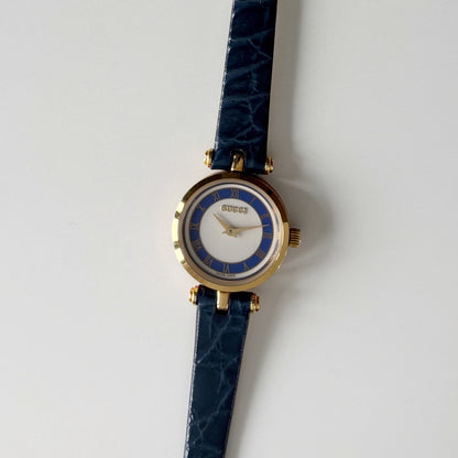 Gucci 1990s Blue Round Dial Gold Plated Watch