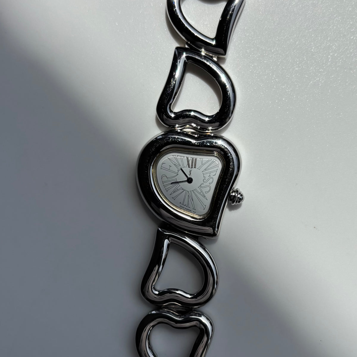 Yves Saint Laurent 1990s Heart Shaped Dial Band Silver Watch