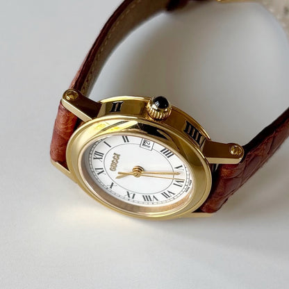 Gucci 1990s Date Round Dial Gold Plated Watch