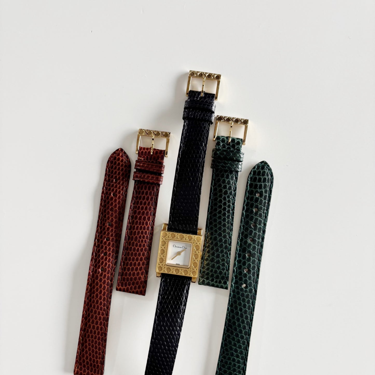 Dior 1990s La Parisienne Interchangeable Strap Gold Plated Watch with 3 straps, case