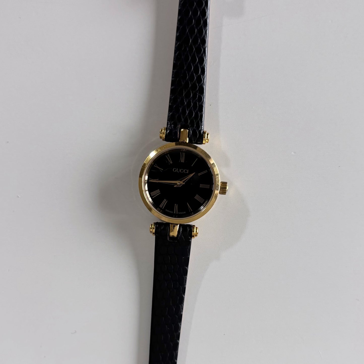 Gucci 1990s Black Round Dial Gold Plated Watch