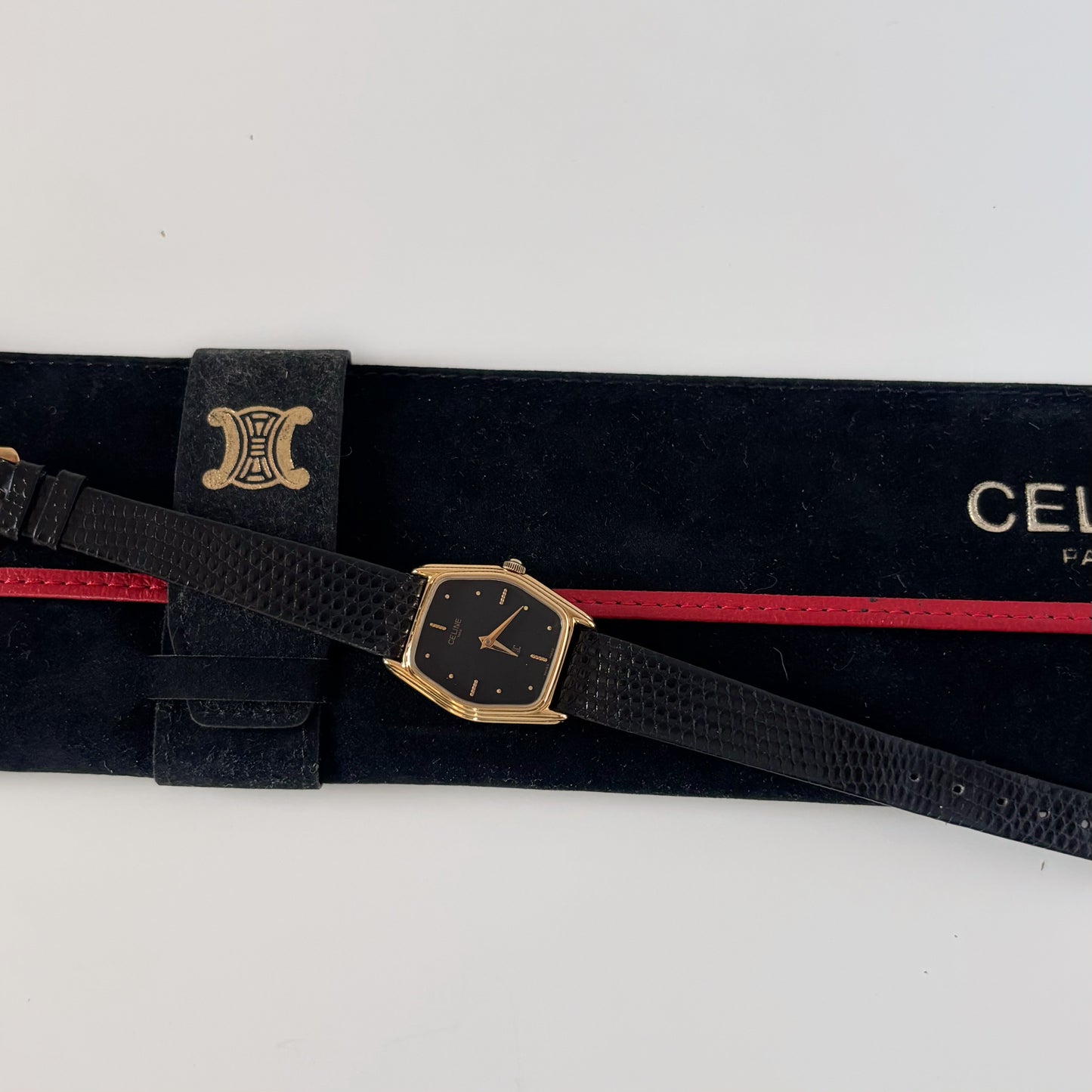 Celine 1980s Black Dial Gold Plated Watch