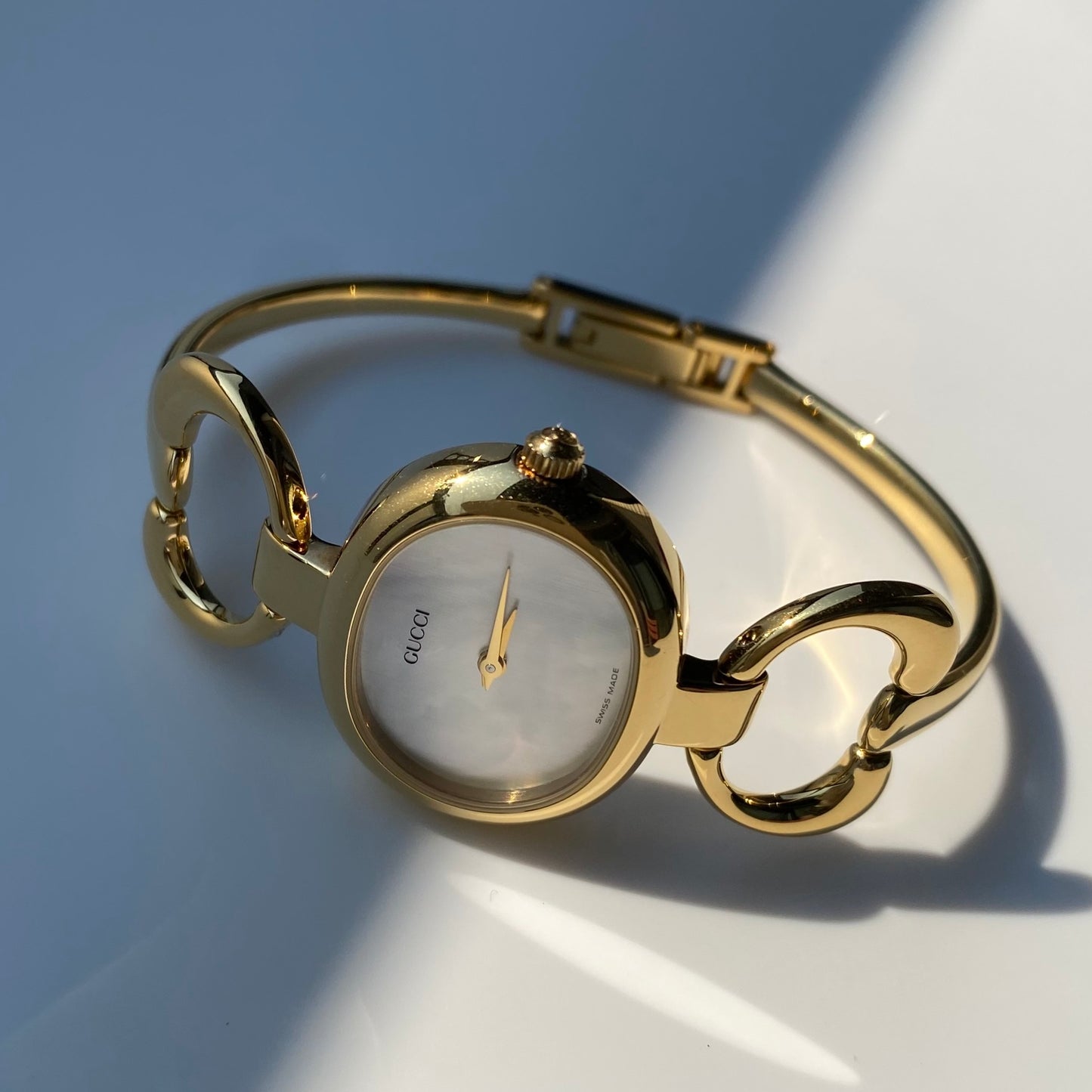 Gucci 1990s Seashell Dial Gold Plated Bangle Watch