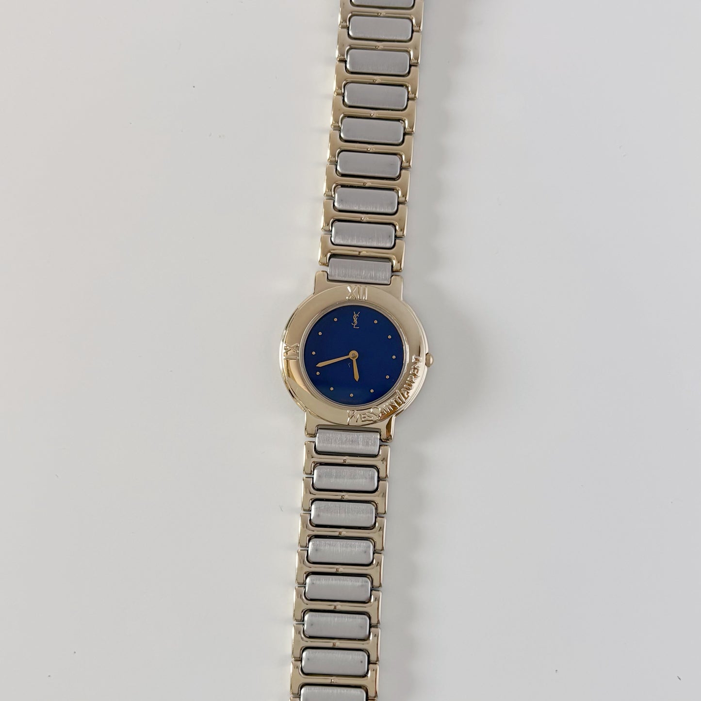 Yves Saint Laurent 1990s Navy Round Dial Two Tone Watch (Large)