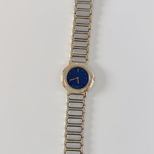Yves Saint Laurent 1990s Navy Round Dial Two Tone Watch (Large)