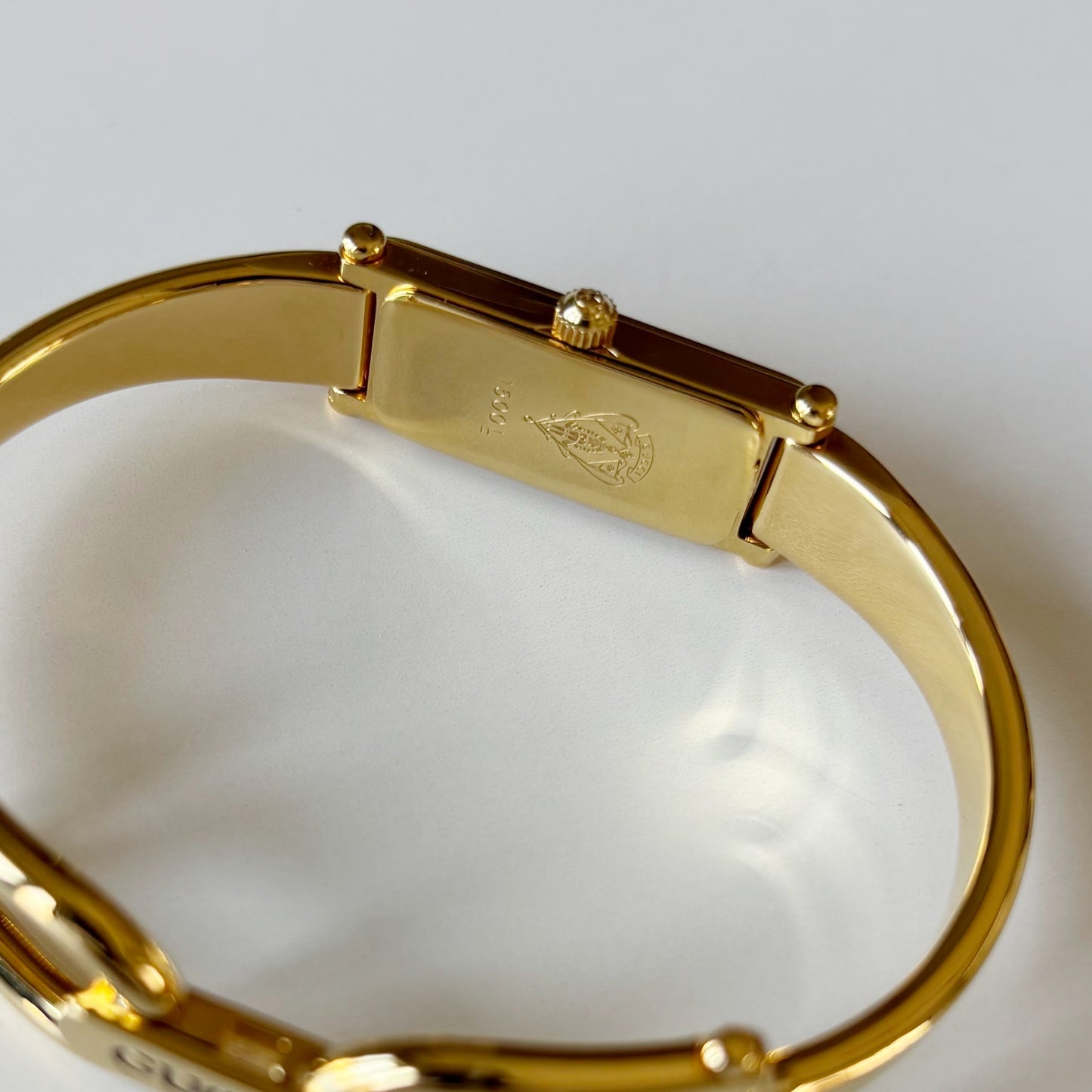 Gucci 1990s Seashell Rectangular Dial Gold Plated Bangle Watch