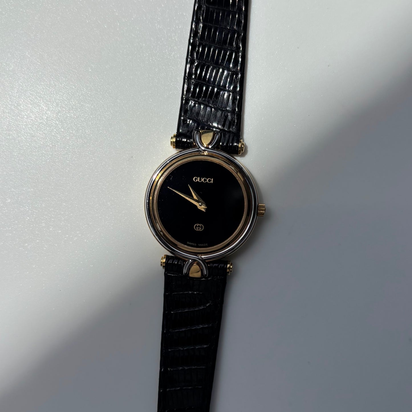 Gucci 1980s Black Round Dial Two Tone Watch