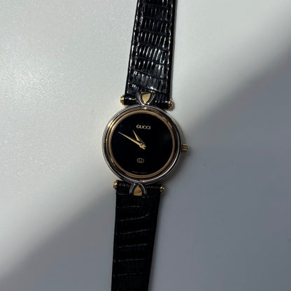 Gucci 1980s Black Round Dial Two Tone Watch