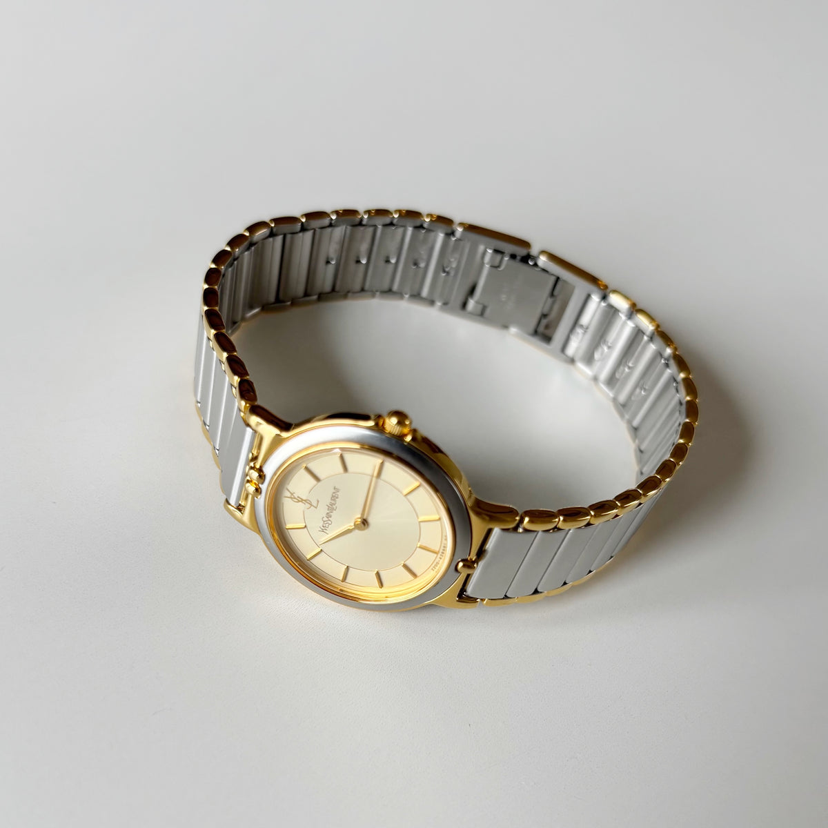 Yves Saint Laurent 1990s Round Dial Two Tone Gold Plated Watch