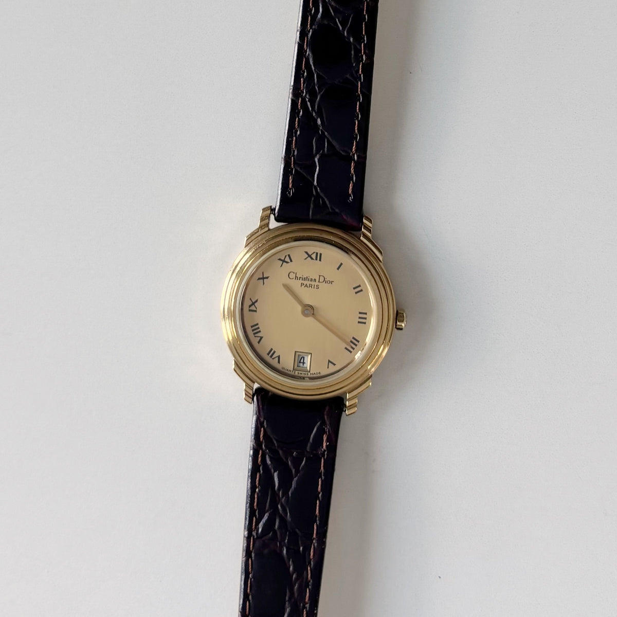 Dior 1990s Date Gold Round Dial Gold Plated Watch