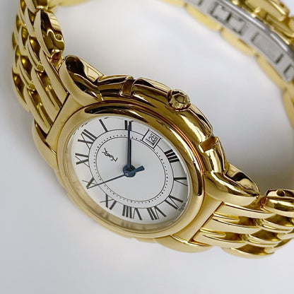 Yves Saint Laurent 1990s Date Gold Plated Round Watch