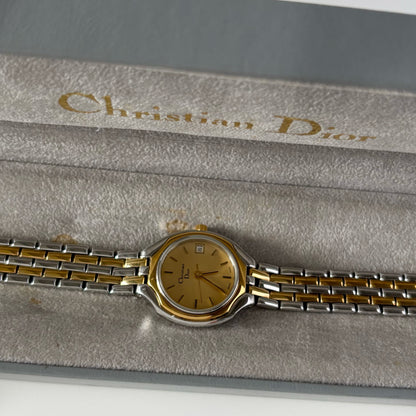 Dior 1990s Date Round Dial Two Tone Gold Plated Watch