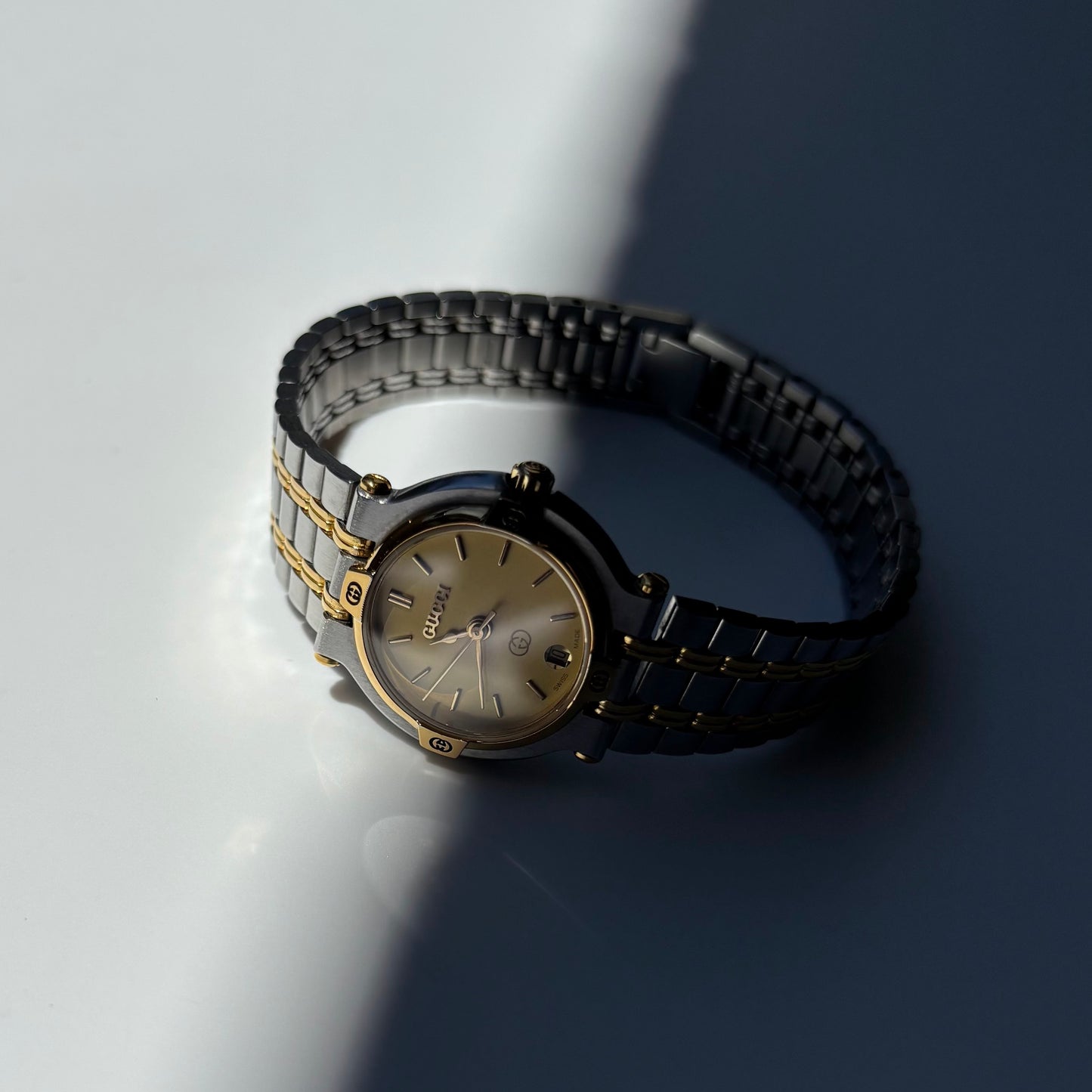 Gucci 1990s Date Round Dial Two Tone Gold Plated Watch