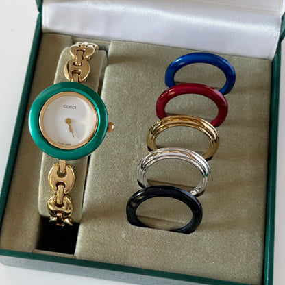 Gucci 1990s Interchangeable Bezel Gold Plated Chain Watch with 6 bezels, case (165mm)