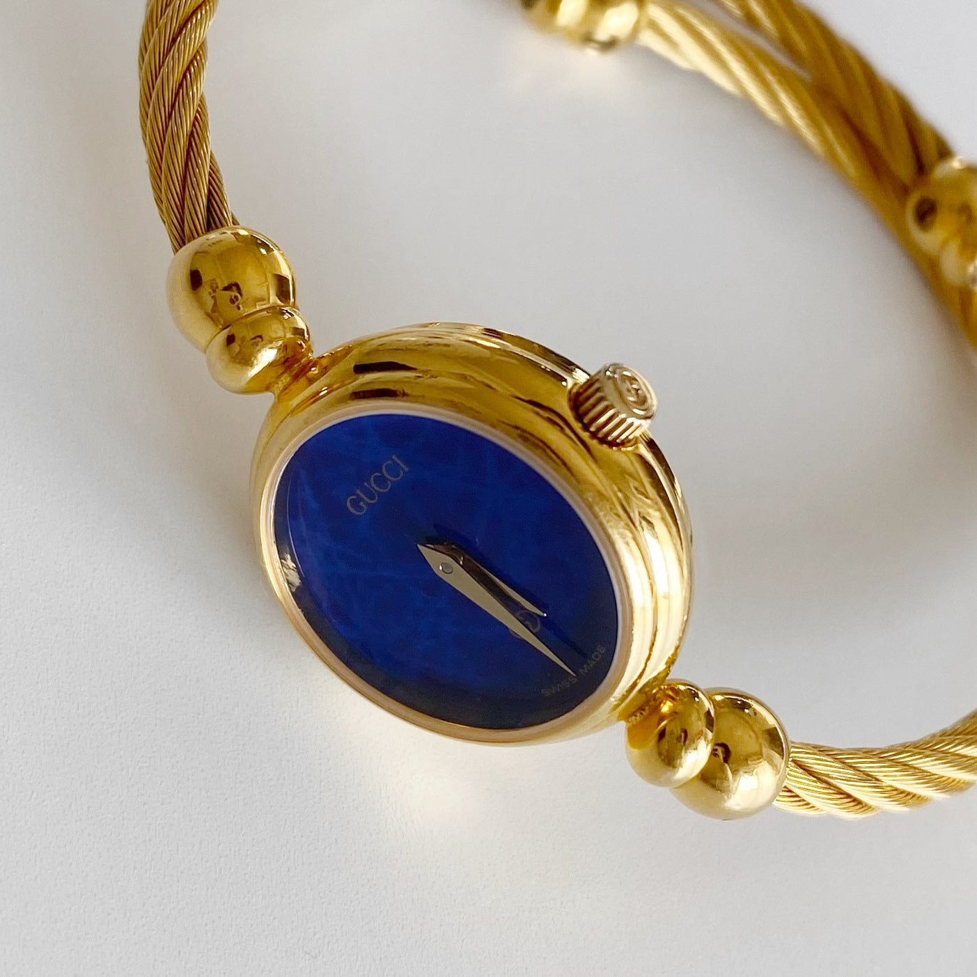 Gucci 1990s Blue Dial Gold Plated Cable Bangle Watch