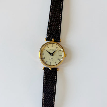 Gucci 1990s Round Gold Dial Gold Plated Watch (Large)