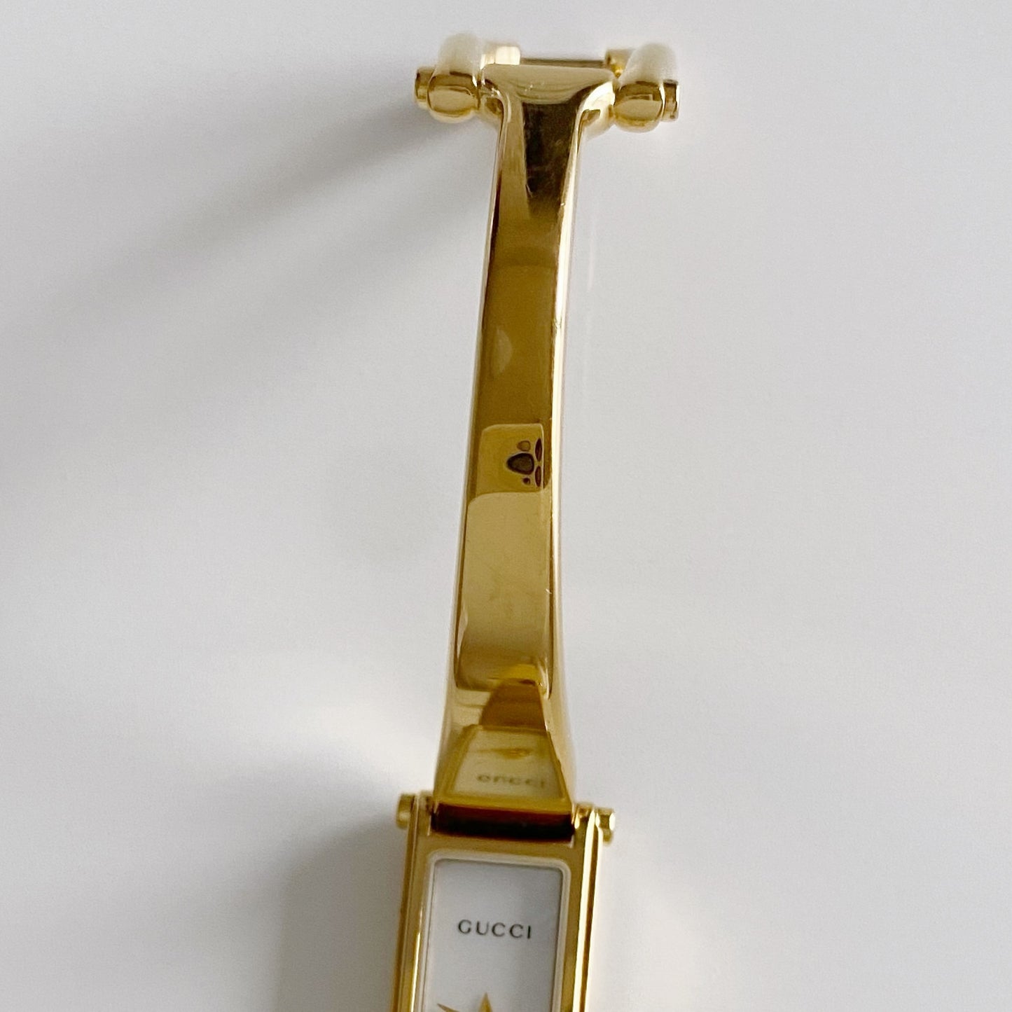 Gucci 1990s Seashell Dial Rectangular Gold Plated Bangle Watch