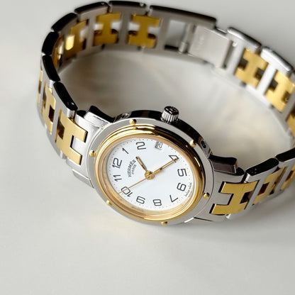 Hermes 1990s Clipper Date Round Dial Two Tone Gold Plated Watch