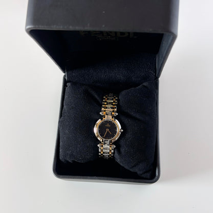 Fendi 1990s Black Round Dial Two Tone Watch