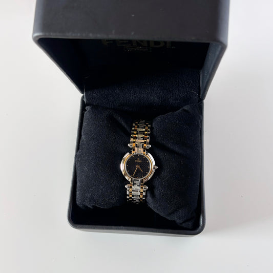 Fendi 1990s Black Round Dial Two Tone Watch