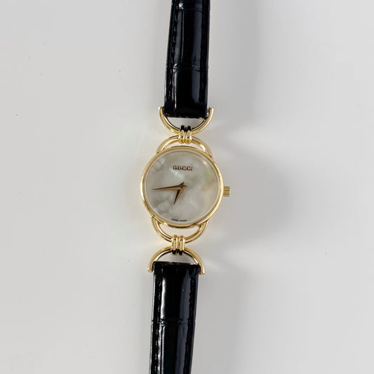 Gucci 1990s Seashell Dial Gold Plate Horsebit Watch