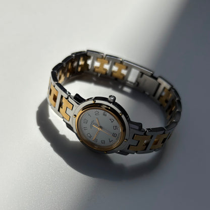 Hermes 1990s Clipper Round Dial Gold Plated Two Tone Watch