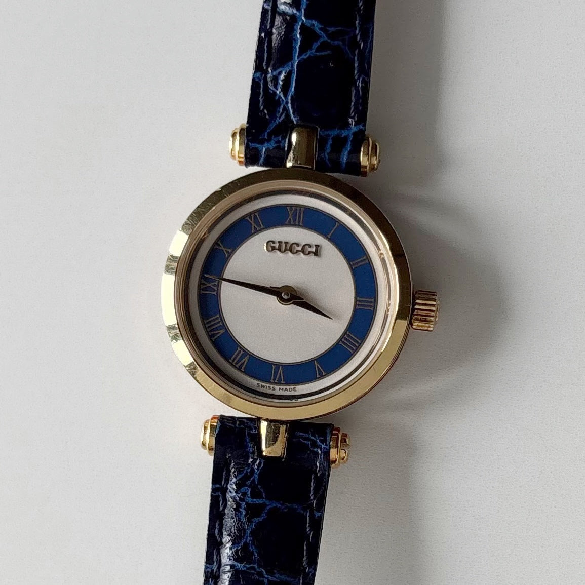 Gucci 1990s Round Dial Blue Gold Plated Watch