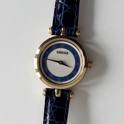 Gucci 1990s Round Dial Blue Gold Plated Watch