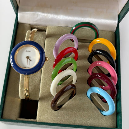 Gucci 1990s Interchangeable Bezel Gold Plated Bangle Watch with 12 bezels, case