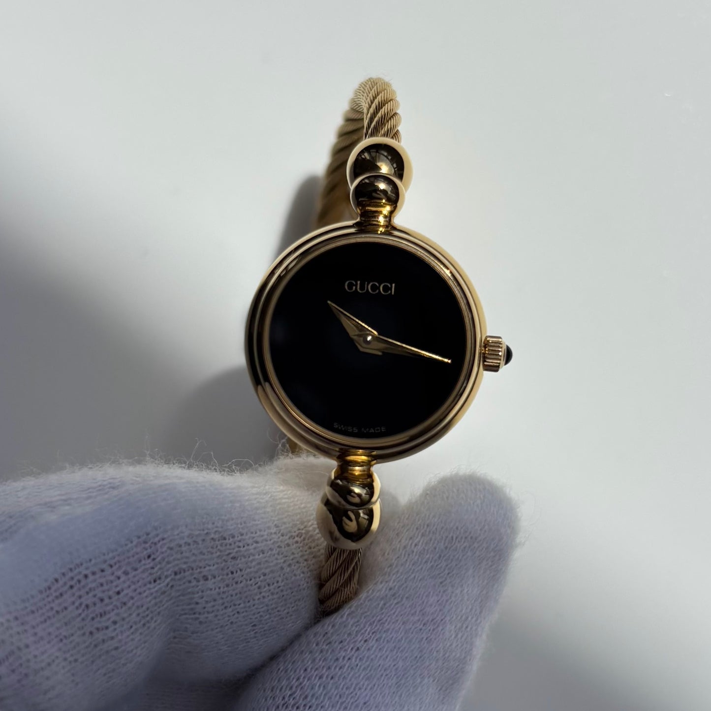Gucci 1990s Black Dial Gold Plated Cable Bangle Watch