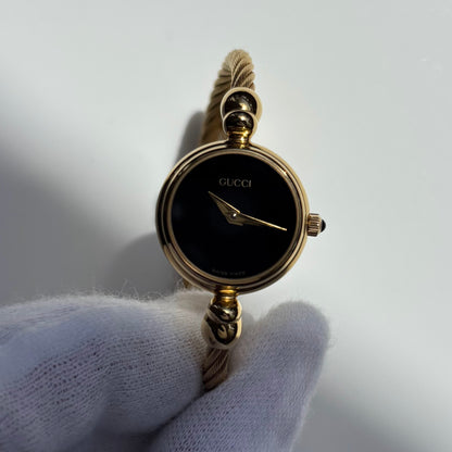 Gucci 1990s Black Dial Gold Plated Cable Bangle Watch