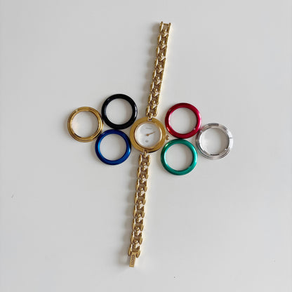 Gucci 1990s Interchangeable Bezel Gold Plated Rice Chain Watch with 6 bezels, case (160mm)