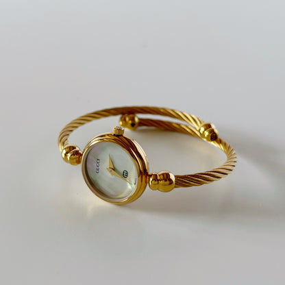 Gucci 1990s Seashell Dial Gold Plated Cable Bangle Watch