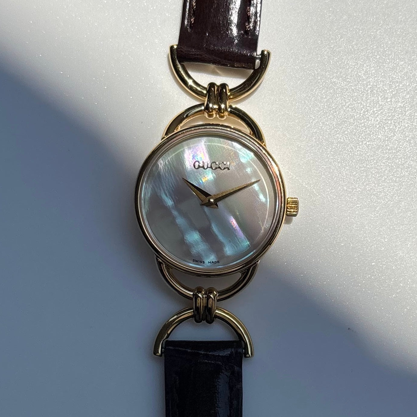 Gucci 1990s Seashell Dial Horsebit Gold Plated Watch