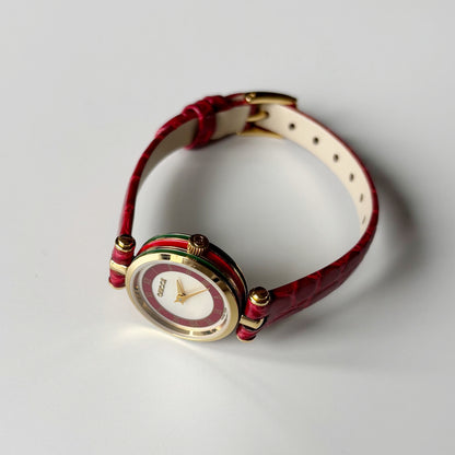 Gucci 1990s Red Round Dial Gold Plated Watch