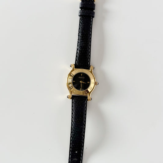 Gucci 1990s Black Round Dial Gold-Plated Watch