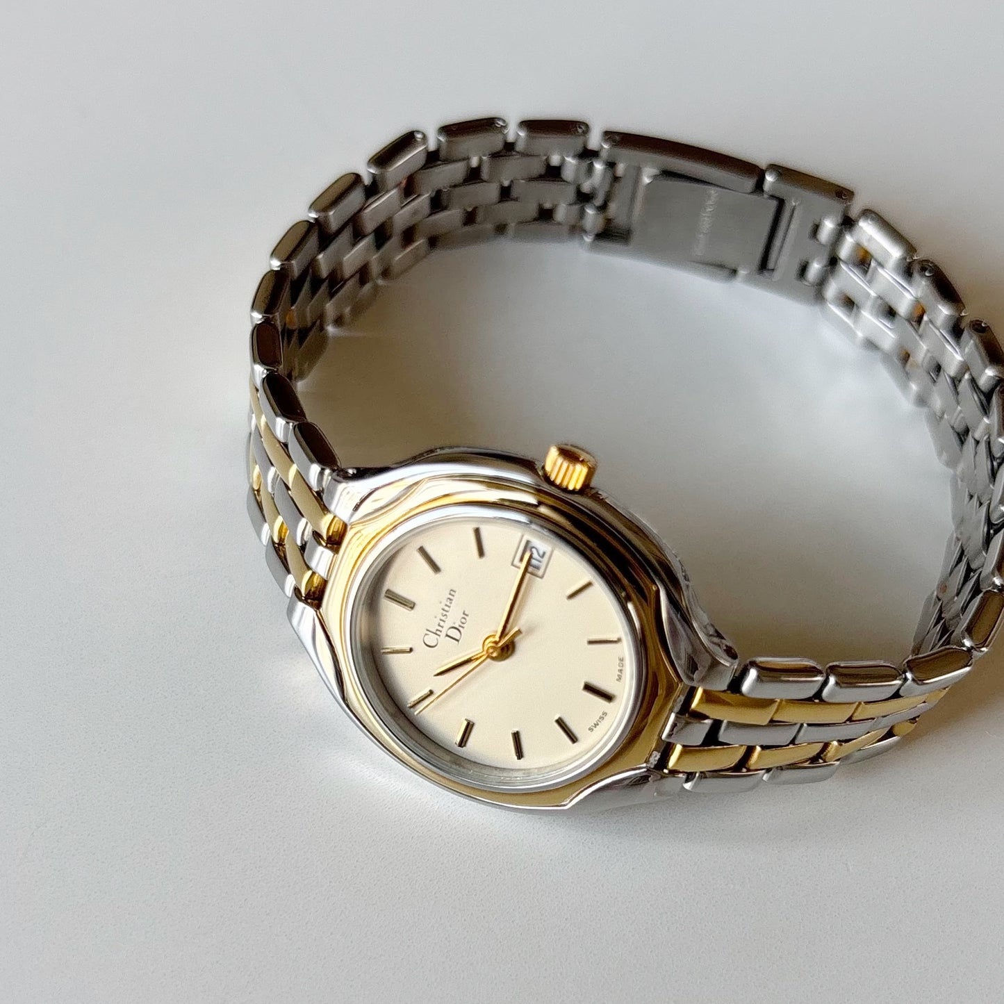 Dior 1990s Date Round Dial Two Tone Gold Plated Watch